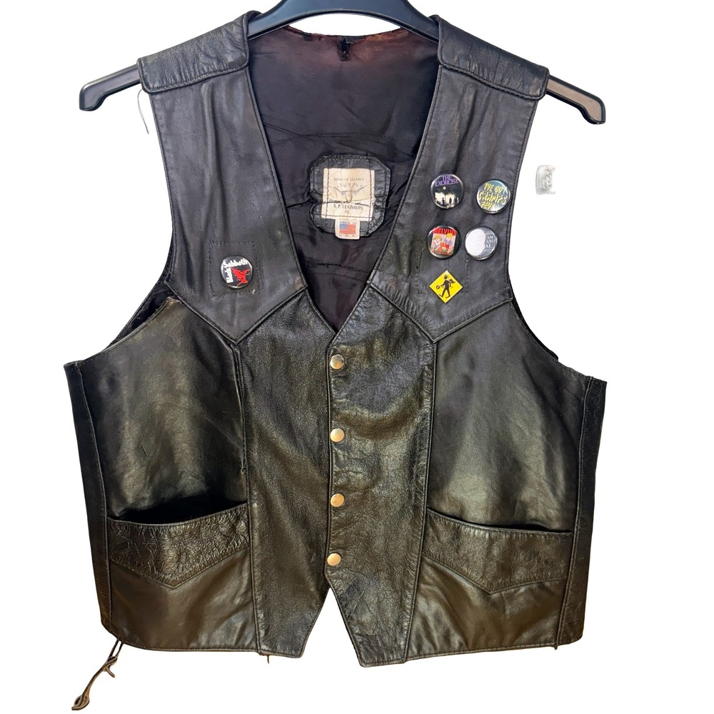 VTG Leather Biker Vest XL Pins Black Sabbath Cramps Melvins Metal Punk USA